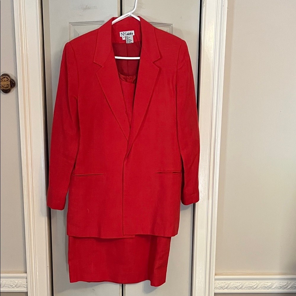 Vibrant Linen Red Blazer and Dress Set